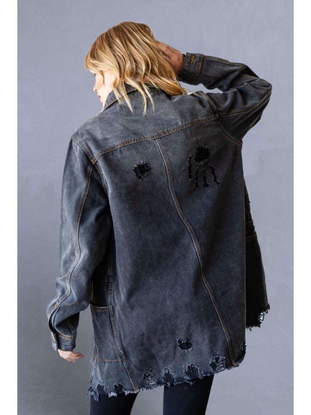 Denim Distressed Oversized Black Jacket- NWOT - Picture 6 of 6